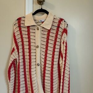 Zara Women's Red and Cream Striped Cardigan